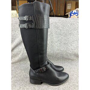 ✅Womens 9M Nicole Tess Black Knee-High Riding Boots Side-Zip Double Buckle Strap